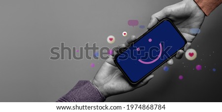 Customer Experience Concept. Happy Client giving a Smiling Emoticon via Mobile Phone to Brand. Feedback on Smartphone. Positive Review. Online Satisfaction Survey
