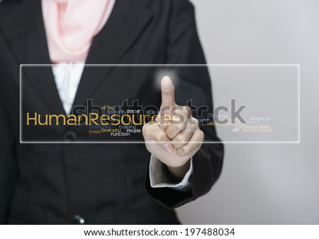 Female Executive press virtual Screen-"Human Resources" word cloud arrangement"