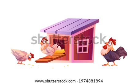 Chicken coop, cartoon warnhouse for hens and roosters isolated. Vector chick carry eggs in nest, hen farm illustration. Poultry yard, domestic birdhouse. Henhouse, hennery agriculture concept Royalty-Free Stock Photo #1974881894