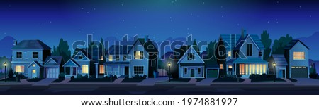 Urban or suburban neighborhood at night, houses with lights, late evening or midnight. Vector homes with garages,trees and driveway. Suburb village landscape with cottage buildings, street lamps Royalty-Free Stock Photo #1974881927
