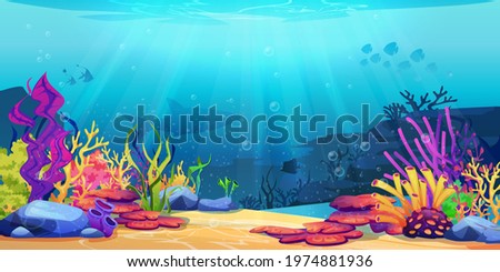 Coral reef underwater world with marine animals silhouettes and algae seaweeds, sea bottom cartoon background. Vector undersea plants, aquarium with seafloor, marine wildlife scenery on depth Royalty-Free Stock Photo #1974881936