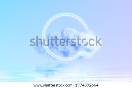Neon Circle shape in a cloud of fog reflecting in the water. Modern trending 3d conceptual design background. Violet blue pink colors. Vector illustration EPS10