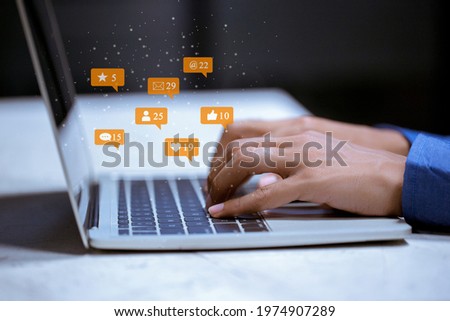 Business using laptop ,social media social networking technology innovation concept.