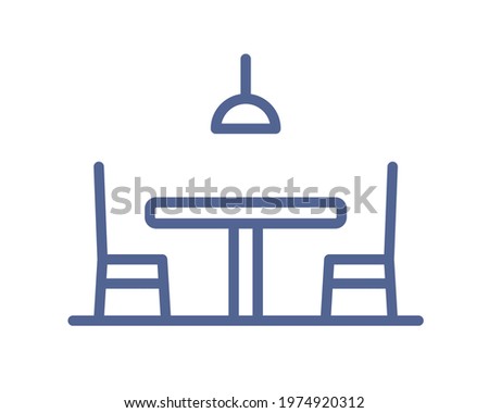 Outlined empty dining table, chair and lamp icon in line art style. Restaurant or cafe furniture with two seats. Lineart pictogram. Simple linear flat vector illustration isolated on white background