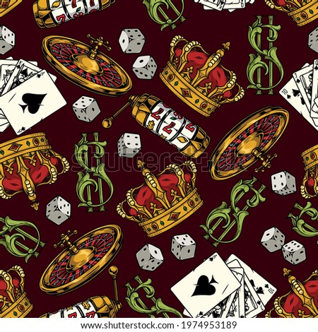 Gambling colorful vintage seamless pattern with golden king crown casino roulette wheel slot machine dice elegant dollar sign royal flush poker hand vector illustration