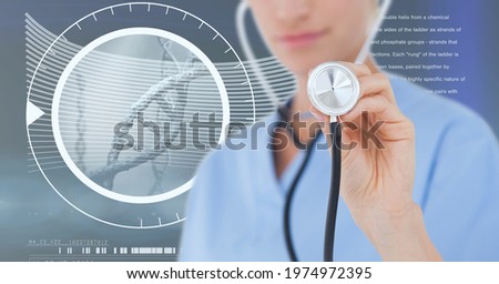 Composition of caucasian female doctor over digital interface with dna strand. global medicine and digital interface concept digitally generated image.