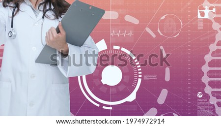 Composition of female doctor using virtual screen with medical icons on red background. global medicine and digital interface concept digitally generated image.