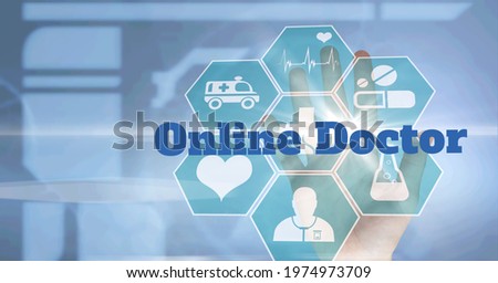 Composition of hand touching interactive screen with online doctor text and medical icons. global online medicine and digital interface concept digitally generated image.