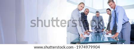 Several colleagues having smile and looking to the camera with office background concept. digitally generated image