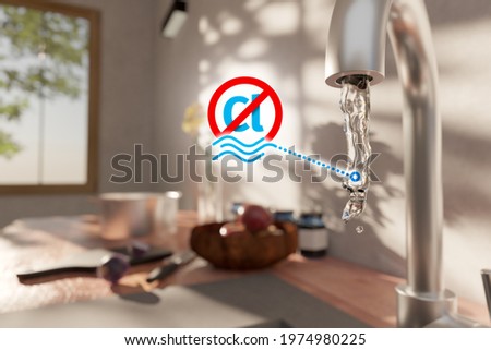 Uncontaminated drinking water by chlorine after filtration concept. Running harmless water from a kitchen faucet and symbol of no Cl chemical in water. Royalty-Free Stock Photo #1974980225