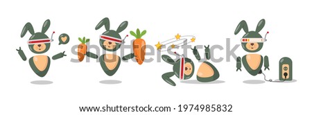 Activity of green rabbit robot. Hand drawn mascot character 