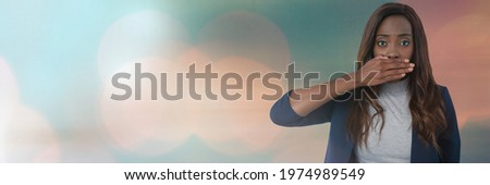 Black woman putting her hand in front of her mouth against ligh concept background. digitally generated image.