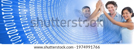 Composition of binary coding over business people high fiving. business, success, motivation and teamwork concept digitally generated image.