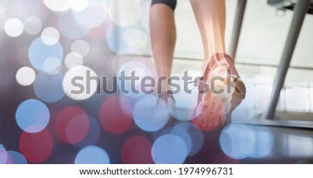 Composition of woman running on treadmill with leg bones visible and spots of light. exercise and injury concept digitally generated image.