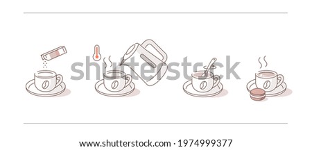 Instruction How to Brewing Instant Coffee. Pour Coffee Granules Mixture in Cup, Add Boiling Water, Wait for few Minutes. Cooking Direction for Hot Drink. Flat Line Vector Illustration and Icons set. Royalty-Free Stock Photo #1974999377