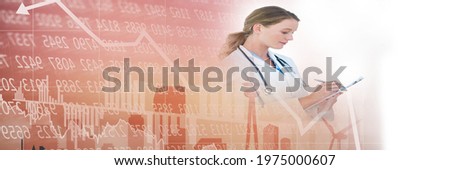 Composition of financial data processing over female doctor. medicine and healthcare services concept digitally generated image.