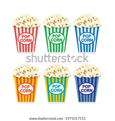 Set of popcorn in different paper colors isolated on white background. Food concept. Movie icon. Vector stock