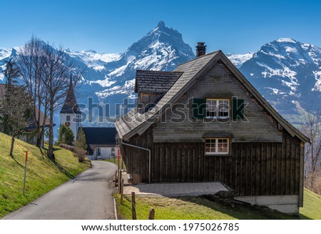 Beautiful traditional villasges and stunning alpine landscapes near the village of Andem in the canton of St. Gallen, Switzerlnd