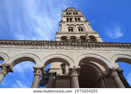 Split landmark. Old Town in Croatia. UNESCO World Heritage Site landmark. Cathedral bell tower.