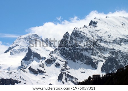 Swiss alps mountain range with snow and blue skies in the background. Impressive mountain peaks during winter in Switzerland with evergreen trees in the foreground. Postcard picture of Switzerland.
