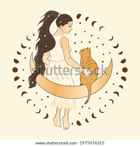 Celestial girl and a cat sacred astrology woman boho esoteric golden art. Moon and star magic vector card.