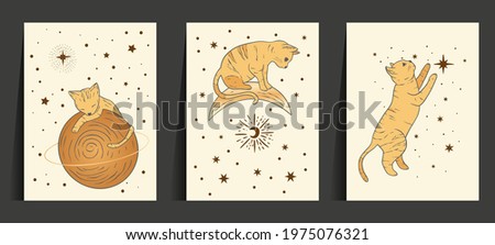 Fantasy cat celestial astrology nursery art. Boho esoteric card set. Golden art moon and star magic vector collection.