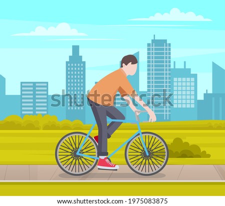 Guy riding bike in city park. Man rides bicycle in cityscape. Male character doing sports outdoors. Sportsman cycling. Person spends time on background of city with modern buildings, skyscraper