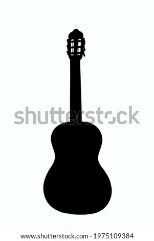 Contour illustration of an acoustic guitar stands upright on a white clipping background