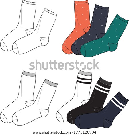 Unisex Socks Set. Technical fashion socks illustration. Flat apparel socks template front and back, white colour. Unisex CAD mock-up. Royalty-Free Stock Photo #1975120904