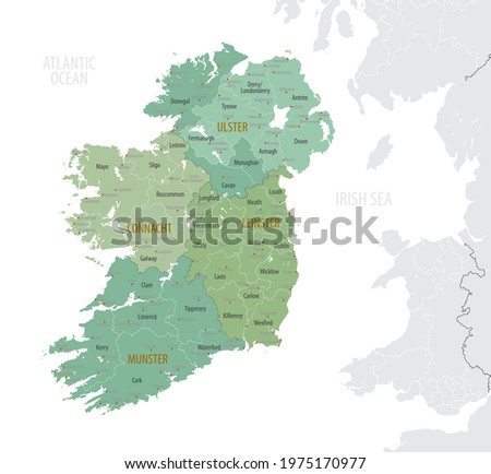 Detailed map of Ireland with administrative divisions into provinces and counties, major cities of the country, vector illustration onwhite background Royalty-Free Stock Photo #1975170977