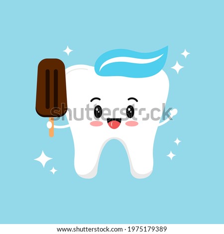 Cute tooth with ice cream clip art. Baby dental character with chocolate ice lolly isolated on white background. Flat design vector strong tooth with dessert and sparkles illustration. 