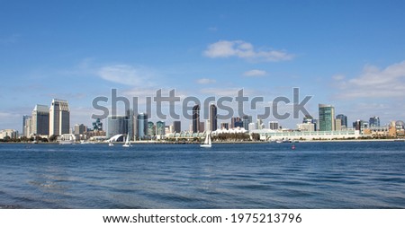 Panoramic view of waterfront downtown San Diego skyline and bay area.