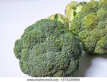 Broccoli isolated against white background (Brassica oleracea var italica) Cruciferae wood floor e background.