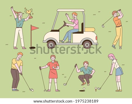 Various positions of people playing golf. flat design style minimal vector illustration.