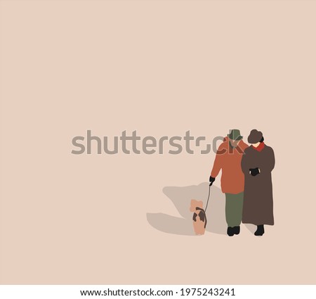 Loving Couple in vintage cloth Walking With dog. Healthcare therapy, breathe fresh air. Flat editable vector illustration, clip art. Template for web design