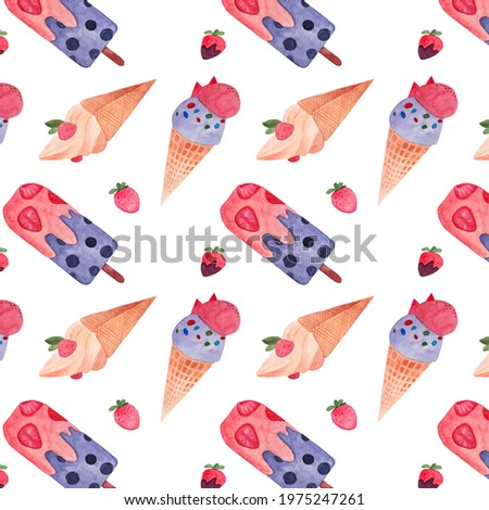 Strawberries and blueberries ice cream pattern. Watercolor hand drawn elements. White background. Summer bright wallpaper for decoration. Cute scrapbook clip art. 