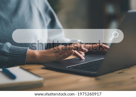 Searching Browsing Internet Data Information with blank search bar. business people working with computer for finding data.