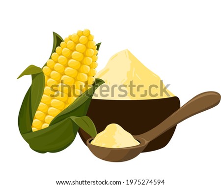 Sweet corn  with cornflour in wooden bowl and spoon isolated on white background. Icon vector illustration. Royalty-Free Stock Photo #1975274594