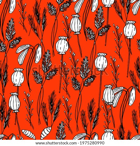 Summer pattern with wildflowers, dried flowers. Poppy, poppy box, medicinal herbs, spikelet. Beautiful hand-drawn graphics. For textile, wallpaper, design, paper, banner. Stock graphics, isolate. 