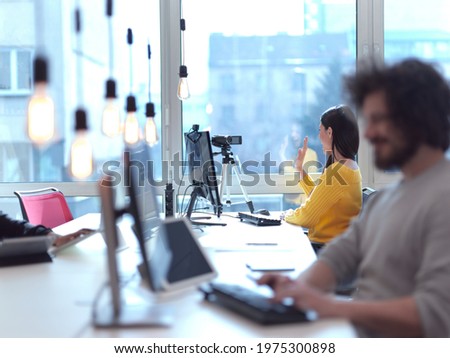 business woman have online meeting in modern open space coworking office