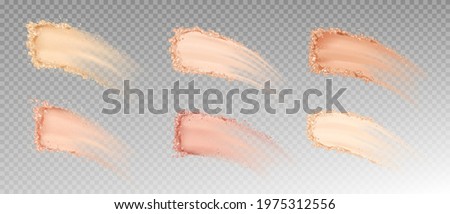 Dry powder, skin foundation smears, blush brush strokes broken crumbly texture. Beauty make up cosmetics product swatch, smudge trace samples isolated on transparent background Realistic 3d vector set Royalty-Free Stock Photo #1975312556