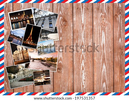 different photos of Paris, Travel Collage on a wooden background, postcard
