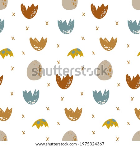 Cute dinosaur Seamless pattern. Cartoon baby dino nursery print. Vector background with dino eggs. Jurassic kids texture. Prehistoric animal wallpaper. Perfect for fabrics, textile, and wrap paper. 