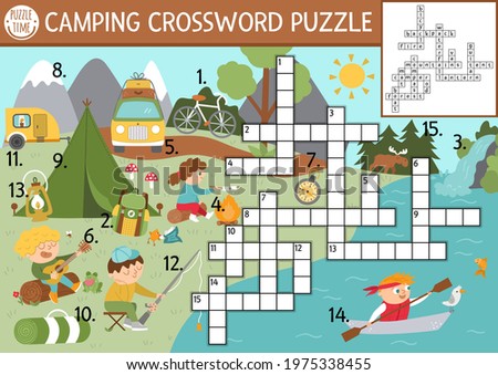 Vector camping crossword puzzle. Simple Summer camp quiz with forest scene for children. Educational activity with kids fishing, hiking, playing guitar. Cross word with woodland scenery.  

