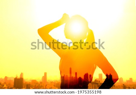 Double exposure portrait of  young fitness Woman hand wiping sweat and  summer heat wave concept