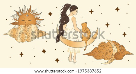 Celestial girl and a cat sacred astrology woman boho esoteric golden art. Moon, sun, cloud and star magic vector card.