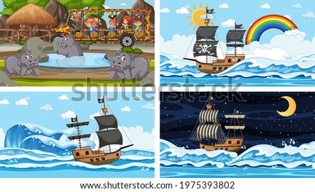 Set of different scenes with animals in the zoo and pirate ship at the sea illustration
