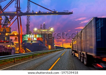 Truck transport container on the road to the port. Royalty-Free Stock Photo #197539418