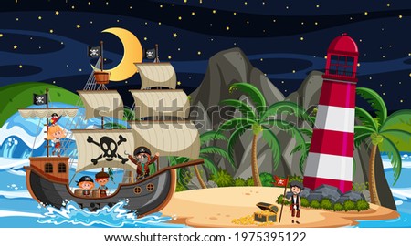 Island with Pirate ship at night scene in cartoon style illustration