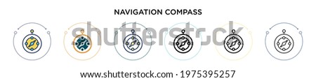 Navigation compass icon in filled, thin line, outline and stroke style. Vector illustration of two colored and black navigation compass vector icons designs can be used for mobile, ui, web